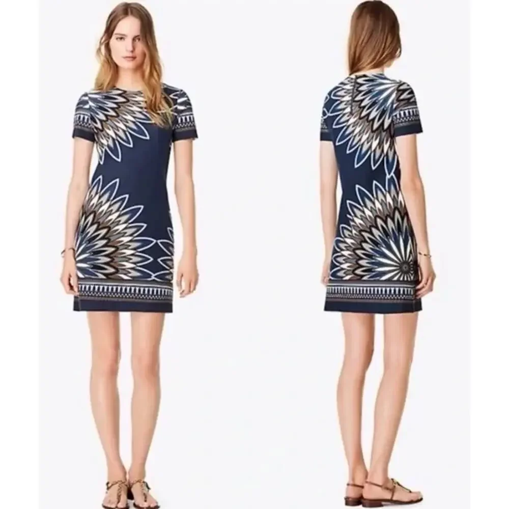 Tory Burch Navy Geometric Short-Sleeve Mini Dress